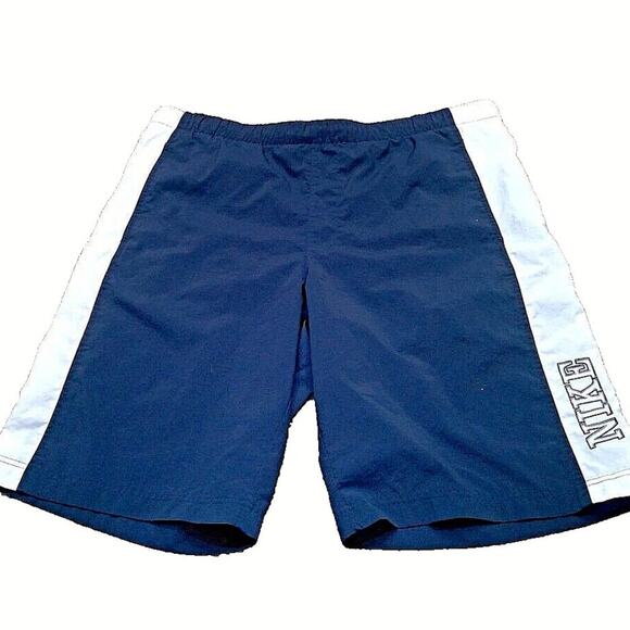 Nike Men's Lined Swim Trunks/Shorts XL Blue/White Drawstring Pockets Spellout - Picture 1 of 9
